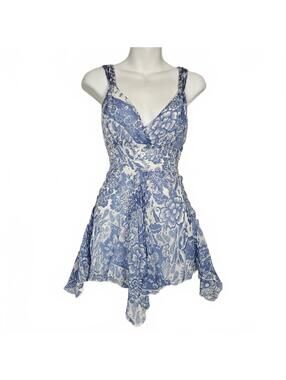 Y2K Vtg Grail, Handkerchief Hem Beaded Sequin Blue & White Babydoll, small